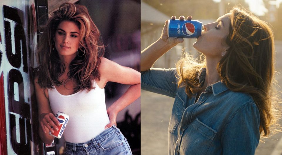 Naľavo Cindy Crawford v pôvodnej reklame z roku 1992. Novej verzie sa dočkala v roku 2018.