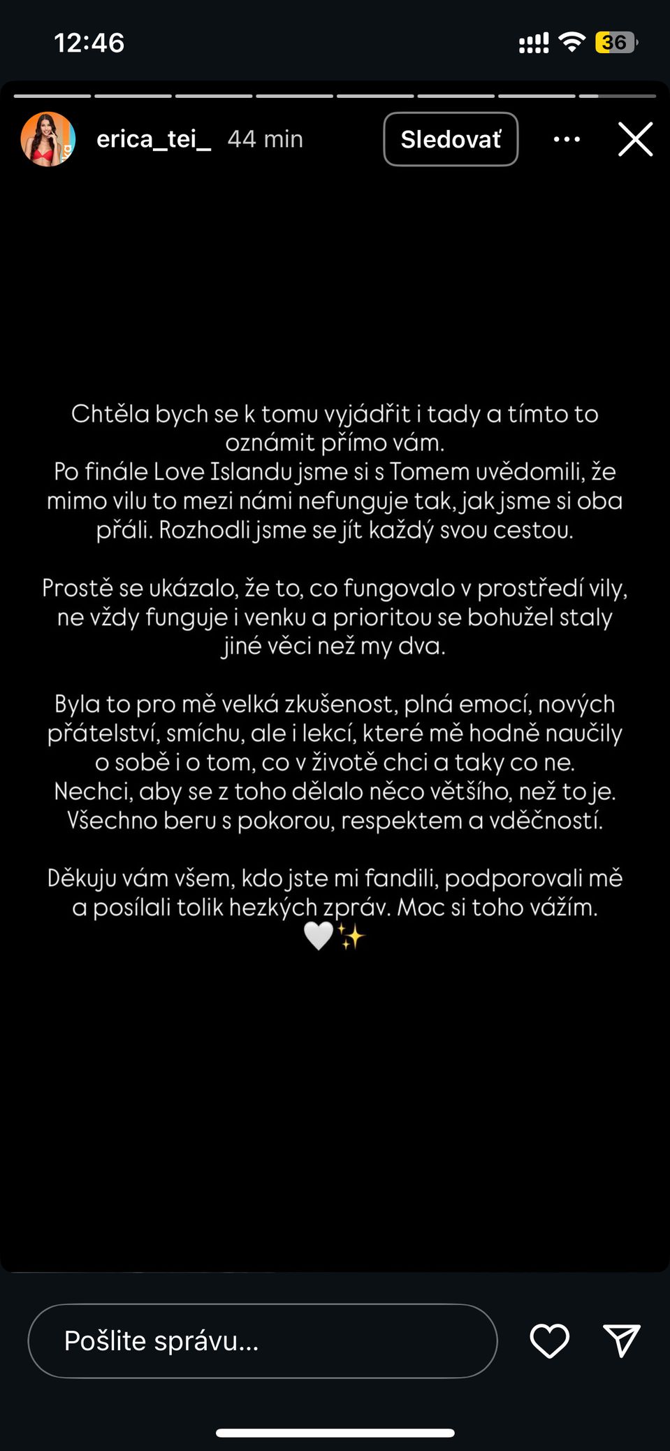 Erika sa k rozchodu vyjadrila na Instagrame.