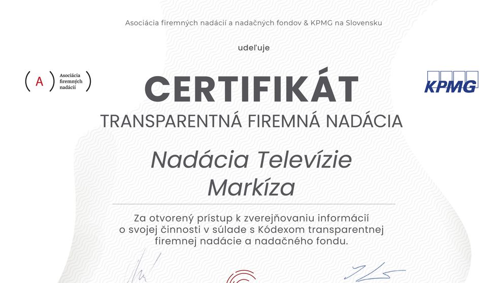 Nadácia Markíza opäť obhájila certifikát transparentnej firemnej nadácie