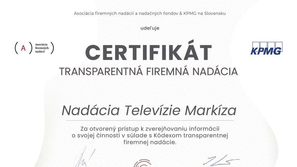 Nadácia Markíza opäť obhájila certifikát transparentnej firemnej nadácie
